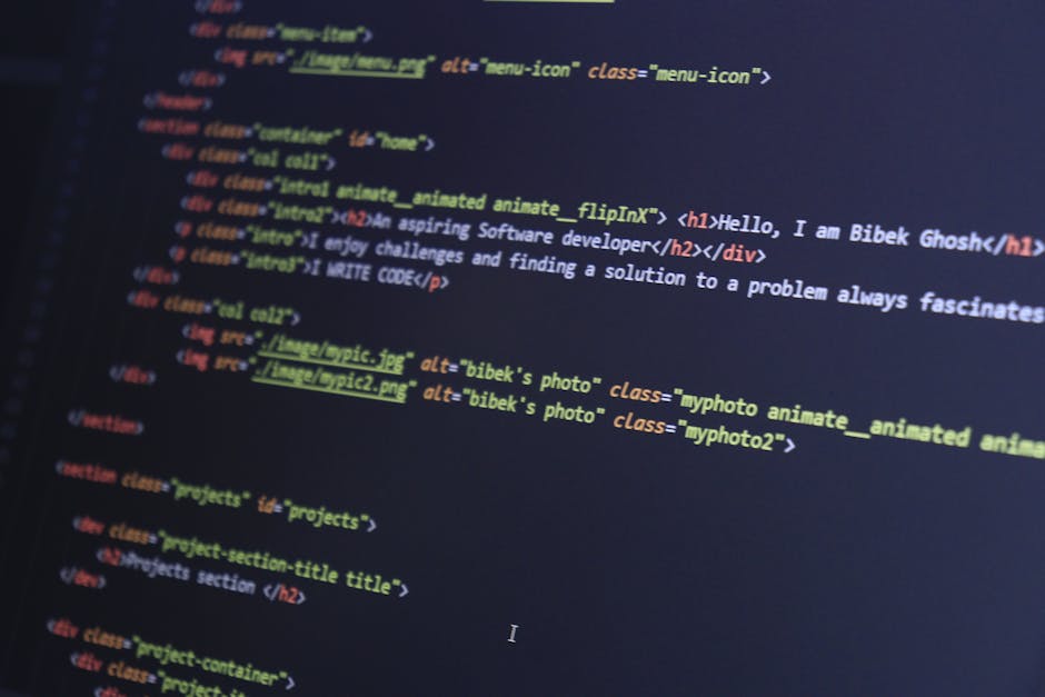 A detailed, close-up image of a computer screen displaying lines of HTML code in various colors, including tags, attributes, and text. The code appears to be part of a webpage's structure, with elemen